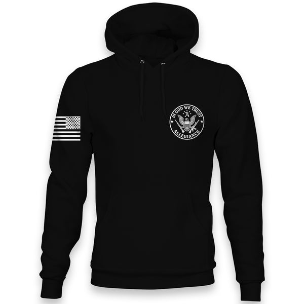 Front view of Allegiance In God We Trust Hoodie with small chest seal design.