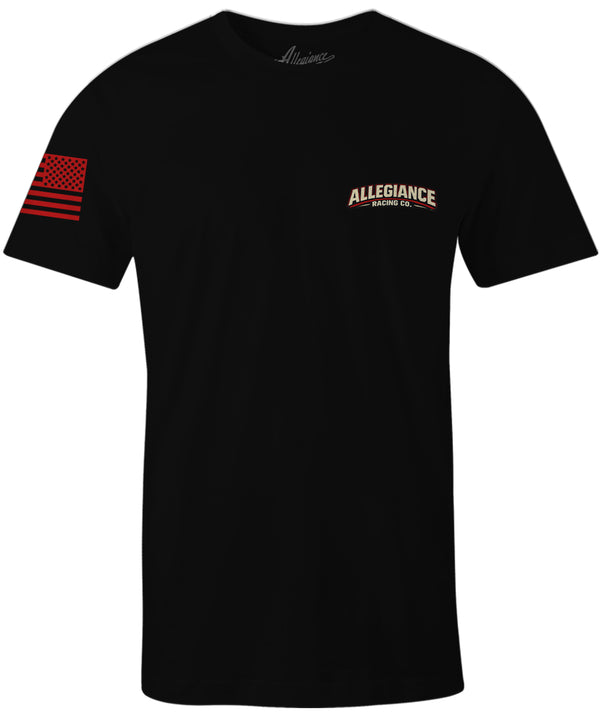 Allegiance Racing Co front chest logo on black Racing Division Tee