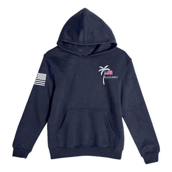 Vibe Youth Hoodie front view β navy kids hoodie with palm tree and American flag graphic by Allegiance Clothing