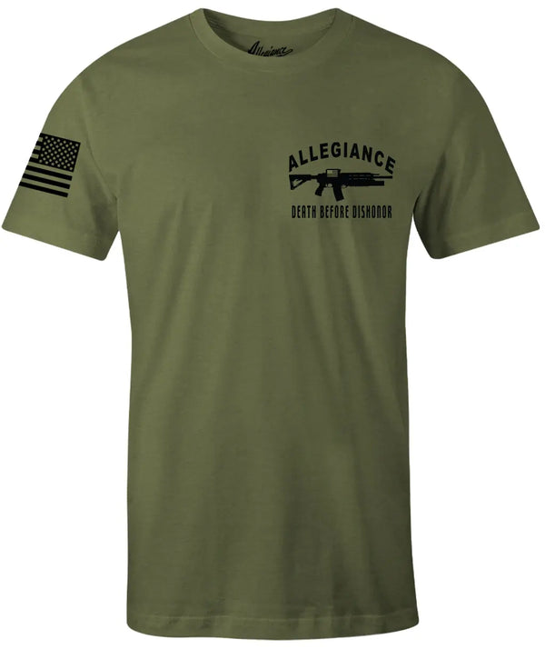 Front of Dishonor Premium Tee in OD Green with small chest graphic and American flag sleeve print