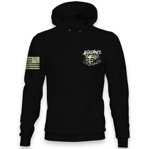 Front view of Allegiance Desert Skull Hoodie with small chest desert skull design.