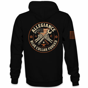 Back view of Allegiance Blue Collar Forged Hoodie with wrench and hammer design