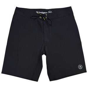 Black Allegiance Good Times Board Shorts with reflective logo print, custom Allegiance grommets, branded lace caps, and stretch quick-dry fabric.
