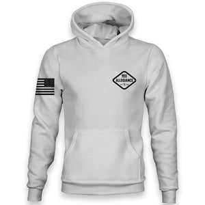Hex Premium Hoodie front view featuring small diamond-shaped Allegiance logo on the chest and black American flag printed on the sleeve.