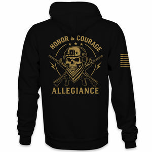 Back view of Honor & Courage Hoodie featuring large Honor & Courage skull, rifles, and stars artwork.
