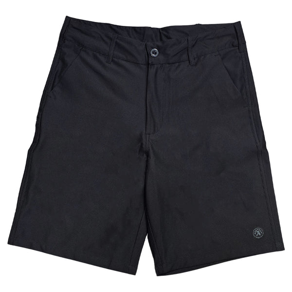 Front of Black Allegiance Jax Hybrid Short featuring multiple pockets, belt loops, reflective logo print, and stretch quick-dry performance fabric