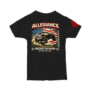 Allegiance Racing Division Toddler Tee black back with off-road race truck graphic, distressed American flag, and Racing Division artwork