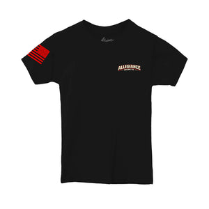 Allegiance Racing Division Toddler Tee black front with small Racing Co logo and red American flag sleeve print