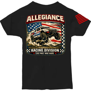 Allegiance Racing Division Youth Tee black back with off-road race truck graphic, distressed American flag, and Racing Division artwork