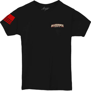 Allegiance Racing Division Youth Tee black front with small Racing Co logo and red American flag sleeve print