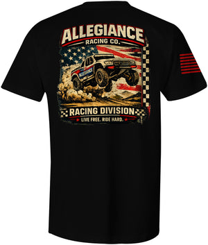 Racing Division Tee black featuring off-road truck jumping with American flag background
