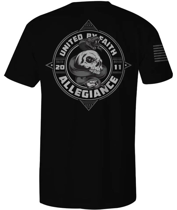 Back of Serpent Tee in black showcasing large serpent coiled around a skull symbolizing power and unity.